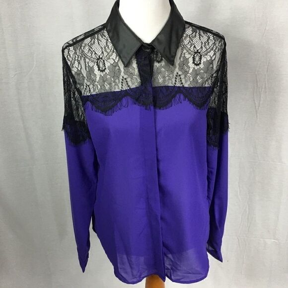 NWT Glol XL purple black lace button shirt long sleeved 100% polyester - Picture 1 of 7